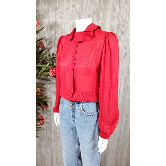 Vintage Red Blouse Button Down Ruffle Collar Holiday Photos Polyester Semi-Sheer - Picture 2 of 6